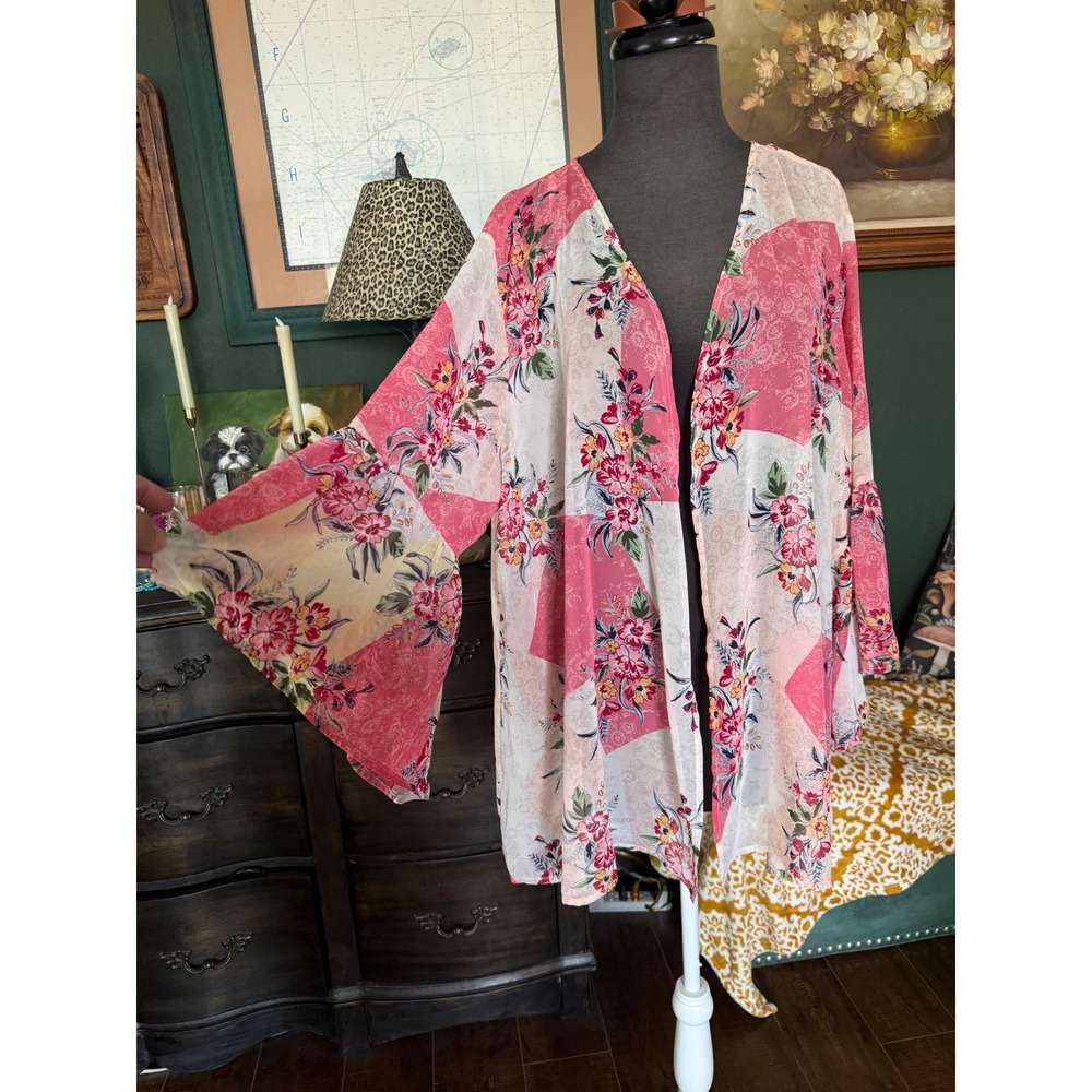 Style & Co Pink Floral Patchwork Kimono Open Front Bell Sleeve Cardigan Large